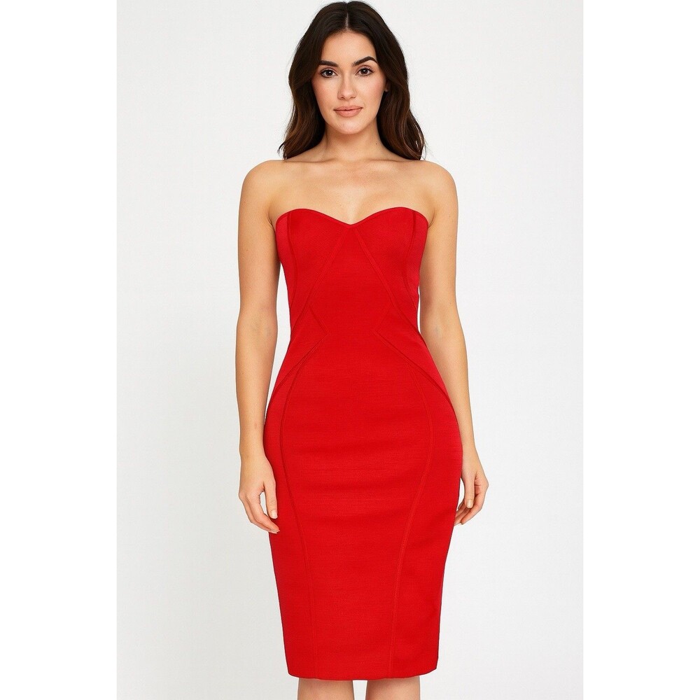 Zac Posen Red Strapless Bodycon Cocktail Dress Ribbed Corset Style Party $590